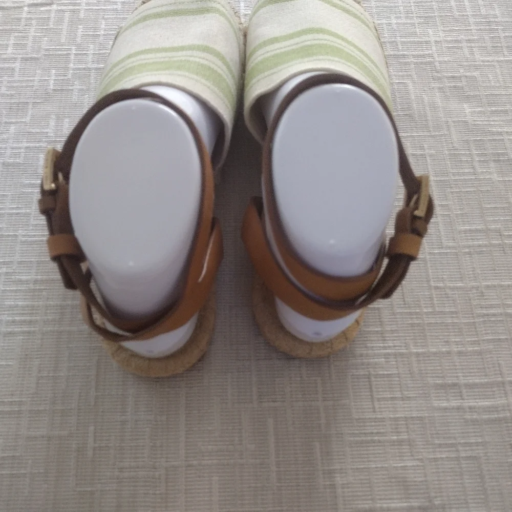 Tory Burch Logo Espadrille Sandals Shoes Womens Sz 8.5 Brown Green Beige Strappy